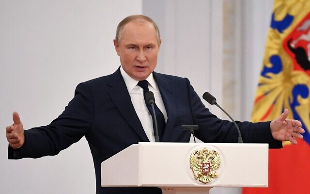 Russian President Vladimir Putin gives a speech as he hosts Russia's medal-winning athletes from the Beijing 2022 Winter Olympic Games and members of the country's Paralympic team at the Kremlin in Moscow, on April 26, 2022. (Natalia Kolesnikova/AFP) Russian President Vladimir Putin gives a speech as he hosts Russia's medal-winning athletes from the Beijing 2022 Winter Olympic Games and members of the country's Paralympic team at the Kremlin in Moscow, on April 26, 2022. (Natalia Kolesnikova/AFP)