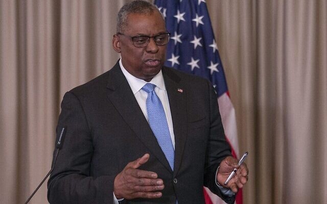 US Defense Secretary Lloyd Austin addresses a press conference after a meeting with members of a Ukraine Security Consultative Group at the US Air Base in Ramstein, western Germany, on April 26, 2022. (Andre Pain/AFP)