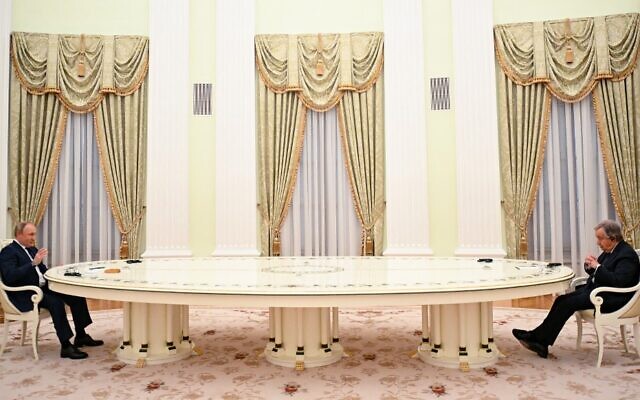 Russian President Vladimir Putin meets with UN Secretary-General Antonio Guterres at the Kremlin in Moscow, on April 26, 2022. (Vladimir Astapkovich/Sputnik/AFP) Russian President Vladimir Putin meets with UN Secretary-General Antonio Guterres at the Kremlin in Moscow, on April 26, 2022. (Vladimir Astapkovich/Sputnik/AFP)