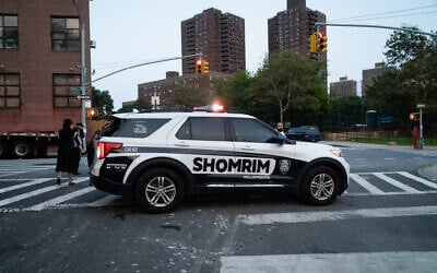 The Shomrim neighborhood defense group in the Williamsburg neighborhood of Brooklyn, New York City, September 15, 2021. (Luke Tress/Times of Israel)
