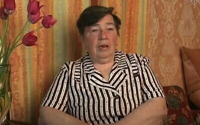 Vanda Semyonovna Obiedkova records her Holocaust survivor testimony for the USC Shoah Foundation in 1998. (Screenshot via JTA)