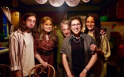From left: Actors Simon Helberg, Candice Bergen, Dustin Hoffman, writer-director Mayim Bialik and actor Dianna Agron, on the set of Bialik's feature directorial debut, 'As They Made Us.' (Screen Media/ JTA)