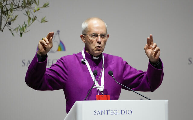 Archbishop of Canterbury Justin Welby delivers his speech at the interreligious meeting 'Brother peoples, future land' organized by the Sant'Egidio Community at 'La Nuvola' (The Cloud) convention center in Rome, on October 6, 2021. (AP Photo/Gregorio Borgia) Archbishop of Canterbury Justin Welby delivers his speech at the interreligious meeting 'Brother peoples, future land' organized by the Sant'Egidio Community at 'La Nuvola' (The Cloud) convention center in Rome, on October 6, 2021. (AP Photo/Gregorio Borgia)