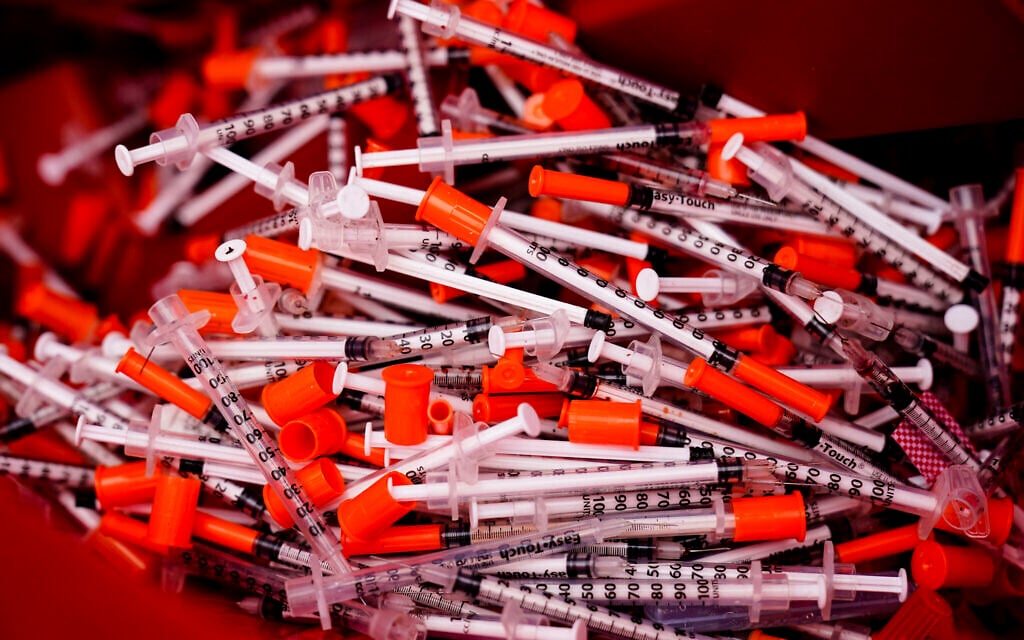 Illustrative: Shown are used syringes collected at a needle exchange run by Camden Area Health Education Center in Camden, New Jersey, February 24, 2022. (AP Photo/Matt Rourke)