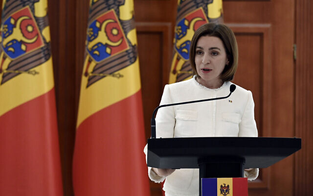 Moldova's President Maia Sandu speaks during a joint press conference with US Secretary of State Antony Blinken, at the Presidential Palace, in Chisinau, Moldova, on March 6, 2022. (Olivier Douliery/Pool Photo via AP) Moldova's President Maia Sandu speaks during a joint press conference with US Secretary of State Antony Blinken, at the Presidential Palace, in Chisinau, Moldova, on March 6, 2022. (Olivier Douliery/Pool Photo via AP)