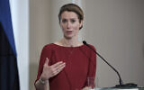 Estonian Prime Minister Kaja Kallas speaks during a press conference with US Secretary of State Antony Blinken on the occasion of their meeting, in Tallinn, Estonia, March 8, 2022. (Olivier Douliery/Pool Photo via AP)