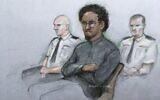 This court artist sketch by Elizabeth Cook shows Ali Harbi Ali in the dock at the Old Bailey accused of stabbing to death Conservative MP for Southend West David Amess, in London, on March 21, 2022. (Elizabeth Cook/PA via AP)