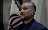 Iran's Foreign Minister Hossein Amir-Abdollahian speaks during a joint press conference with his Lebanese counterpart Abdallah Bouhabib in Beirut, Lebanon, on Thursday, March 24, 2022. Iran is ready to reach a strong and lasting agreement over its nuclear program with world powers, the country's foreign minister said. (AP Photo/Bilal Hussein)