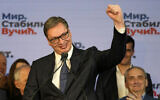 Serbian President and presidential candidate Aleksandar Vucic gestures during a news conference after claiming victory in the presidential election in Belgrade, Serbia, Sunday, April 3, 2022. Vucic and his populist right-wing party appeared headed to victory in Sunday's national election, extending a decade-long authoritarian rule in the Balkan country, according to early pollsters' projections. (AP Photo/Darko Vojinovic)