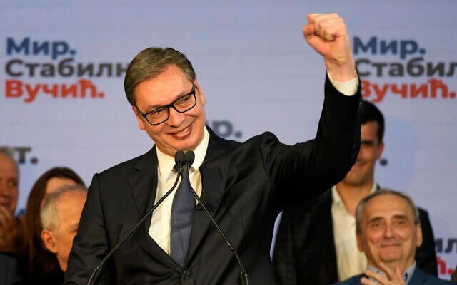 Serbian President and presidential candidate Aleksandar Vucic gestures during a news conference after claiming victory in the presidential election in Belgrade, Serbia, Sunday, April 3, 2022. Vucic and his populist right-wing party appeared headed to victory in Sunday's national election, extending a decade-long authoritarian rule in the Balkan country, according to early pollsters' projections. (AP Photo/Darko Vojinovic) Serbian President and presidential candidate Aleksandar Vucic gestures during a news conference after claiming victory in the presidential election in Belgrade, Serbia, Sunday, April 3, 2022. Vucic and his populist right-wing party appeared headed to victory in Sunday's national election, extending a decade-long authoritarian rule in the Balkan country, according to early pollsters' projections. (AP Photo/Darko Vojinovic)