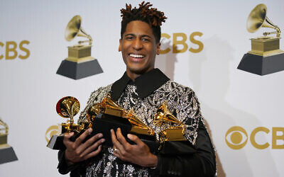 Jon Batiste poses in the press room at the 64th Annual Grammy Awards at the MGM Grand Garden Arena on April 3, 2022, in Las Vegas. (AP Photo/John Locher)
