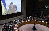 Ukrainian President Volodymyr Zelensky speaks via remote feed during a meeting of the UN Security Council, on April 5, 2022, at United Nations headquarters. (AP Photo/John Minchillo)