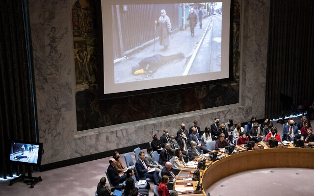 Images from devastation in Ukraine are displayed during a meeting of the UN Security Council, Tuesday, April 5, 2022, at United Nations headquarters. (AP/John Minchillo) Images from devastation in Ukraine are displayed during a meeting of the UN Security Council, Tuesday, April 5, 2022, at United Nations headquarters. (AP/John Minchillo)