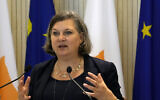 US Under Secretary of State Victoria Nuland talks to the media during a press conference after a meeting with Cyprus' president Nicos Anastasiades at the Presidential Palace in the Cypriot capital Nicosia, Cyprus, April 7, 2022. (AP Photo/Petros Karadjias)