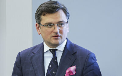 Ukraine's Foreign Minister Dmytro Kuleba is seen following a meeting of NATO foreign ministers at NATO headquarters in Brussels, on April 7, 2022. (Evelyn Hockstein/Pool Photo via AP)