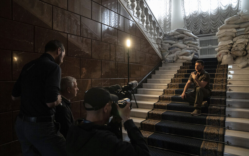 Ukrainian President Volodymyr Zelensky speaks with The Associated Press in his office in Kyiv, Ukraine, Saturday, April 9, 2022. (AP/Evgeniy Maloletka)