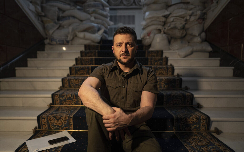 Ukrainian President Volodymyr Zelensky speaks during an interview with The Associated Press in his office in Kyiv, Ukraine, April 9, 2022. (AP/Evgeniy Maloletka)