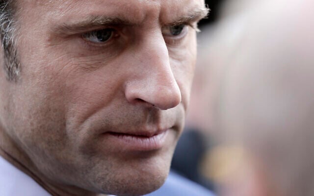 Current French President and centrist presidential candidate for reelection Emmanuel Macron campaigns in Denain, northern France, April 11, 2022. (AP Photo/Lewis Joly, Pool) Current French President and centrist presidential candidate for reelection Emmanuel Macron campaigns in Denain, northern France, April 11, 2022. (AP Photo/Lewis Joly, Pool)