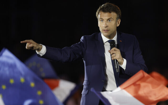 Current French President and centrist presidential candidate for reelection Emmanuel Macron delivers a speech during a campaign rally in Strasbourg, eastern France, April 12, 2022 . (AP Photo/Jean-Francois Badias) Current French President and centrist presidential candidate for reelection Emmanuel Macron delivers a speech during a campaign rally in Strasbourg, eastern France, April 12, 2022 . (AP Photo/Jean-Francois Badias)