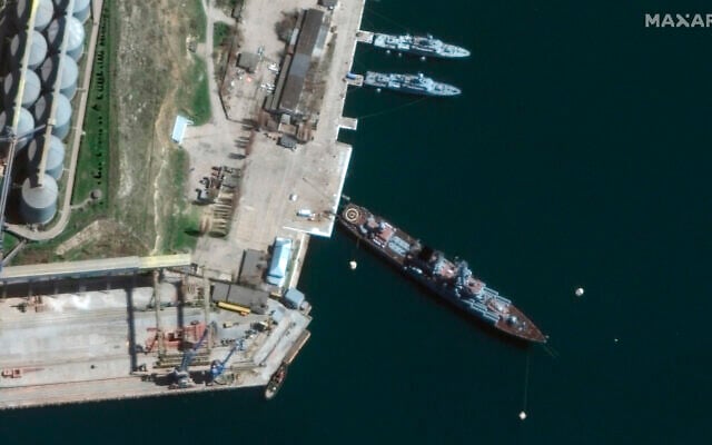 This satellite image provided by Maxar Technologies shows cruiser Moskva in port Sevastopol in Crimea on April 7, 2022. (Satellite image ©2022 Maxar Technologies via AP)