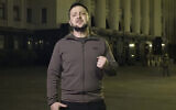 In this image from video provided by the Ukrainian Presidential Press Office, Ukrainian President Volodymyr Zelensky speaks from Kyiv, Ukraine, April 14, 2022. (Ukrainian Presidential Press Office via AP)
