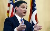 Josh Mandel, a Republican former Ohio treasurer running for an open US Senate seat in Ohio, speaks during a debate against Morgan Harper, a progressive Democrat, on January 27, 2022, in Columbus, Ohio. (AP Photo/Jay LaPrete, File)