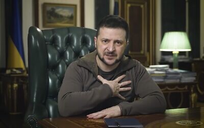 In this image from video provided by the Ukrainian Presidential Press Office, Ukrainian President Volodymyr Zelenskyy speaks from Kyiv, Ukraine, April 16, 2022. (Ukrainian Presidential Press Office via AP)