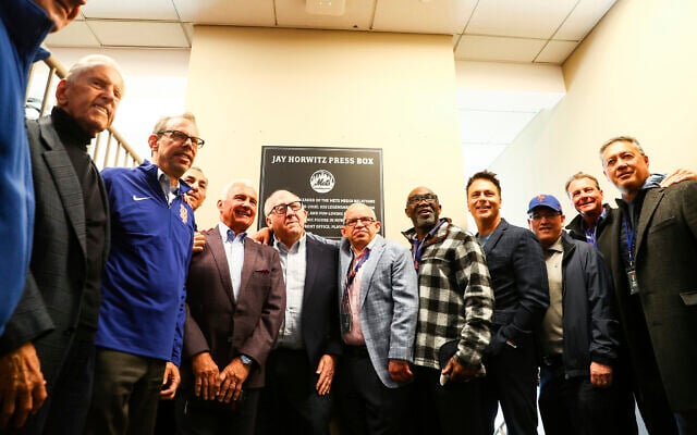 New York Mets staff and former players pose with Jay Horwitz as the press box is dedicated in his honor before the start of a baseball game against The Arizona Diamondbacks, April 17, 2022, in New York. (AP Photo/Jessie Alcheh) New York Mets staff and former players pose with Jay Horwitz as the press box is dedicated in his honor before the start of a baseball game against The Arizona Diamondbacks, April 17, 2022, in New York. (AP Photo/Jessie Alcheh)