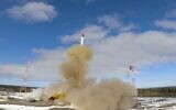 In this handout photo released by the Russian Defense Ministry Press Service April 20, 2022, the Sarmat intercontinental ballistic missile is launched from Plesetsk in Russia's northwest. (Russian Defense Ministry Press Service via AP)