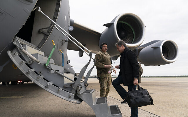 US Secretary of State Antony Blinken boards a plane for departure, at Andrews Air Force Base, Md, April 23, 2022. (Alex Brandon/AP) US Secretary of State Antony Blinken boards a plane for departure, at Andrews Air Force Base, Md, April 23, 2022. (Alex Brandon/AP)