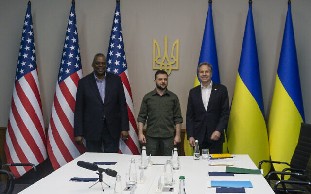 US Secretary of Defense Lloyd Austin, left, and Secretary of State Antony Blinken, right, meet with Ukrainian President Volodymyr Zelensky, April 24, 2022, in Kyiv, Ukraine. (US Department of Defense via AP)