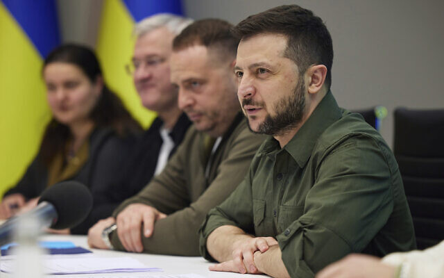 Ukrainian President Volodymyr Zelensky, right, attends his meeting with US Secretary of Defense Lloyd Austin and Secretary of State Antony Blinken, April 24, 2022, in Kyiv, Ukraine. (Ukrainian Presidential Press Office via AP)