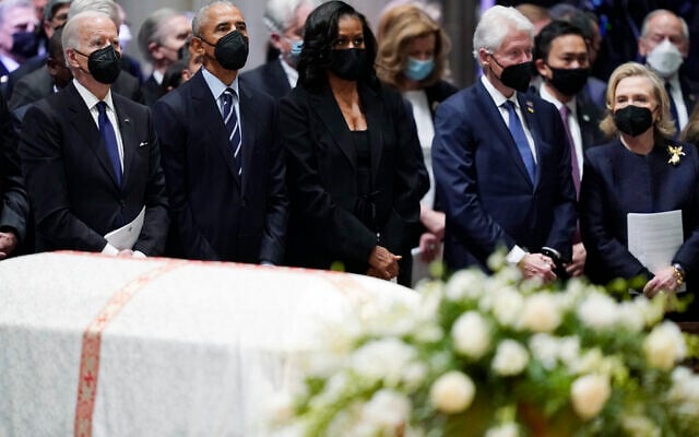 President Joe Biden, left, former president Barack Obama, former first lady Michelle Obama, former president Bill Clinton and former secretary of state Hillary Clinton, during the funeral service for former secretary of state Madeleine Albright at the Washington National Cathedral, April 27, 2022, in Washington. (AP Photo/Evan Vucci) President Joe Biden, left, former president Barack Obama, former first lady Michelle Obama, former president Bill Clinton and former secretary of state Hillary Clinton, during the funeral service for former secretary of state Madeleine Albright at the Washington National Cathedral, April 27, 2022, in Washington. (AP Photo/Evan Vucci)
