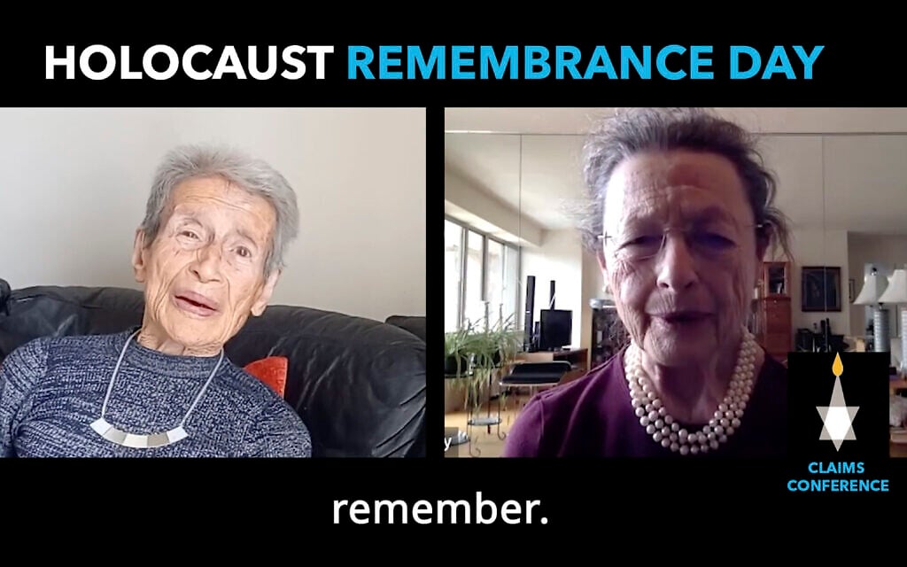 Two of 100 Holocaust survivors, Eva Evans (left) and Judith Bihaly (right) who participated in a video marking Yom HaShoah, Israel's Holocaust Remembrance Day, April 2022. (Greg Schneider/AP)