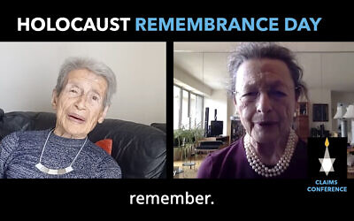 Two of 100 Holocaust survivors, Eva Evans (left) and Judith Bihaly (right) who participated in a video marking Yom HaShoah, Israel's Holocaust Remembrance Day, April 2022. (Greg Schneider/AP)