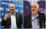 Ra'am party leader MK Mansour Abbas (left) attends a conference in Tel Aviv, on April 11, 2022; Yahya Sinwar, Hamas's Gaza governor (right), speaks during a meeting in Gaza City, on April 30, 2022. (Avshalom Sassoni/Flash90; Mahmud Hamas/AFP)