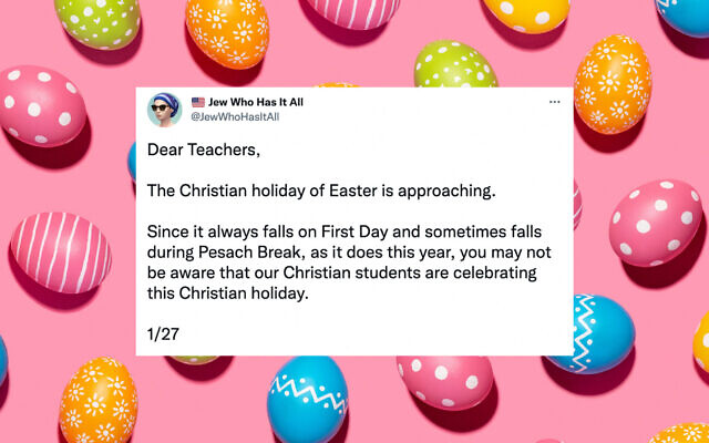 A thread about Easter from the Twitter account 'Jew Who Has It All.' (Design by Jackie Hajdenberg via JTA; images from Getty Images and @JewWhoHasItAll)