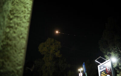 File: Iron Dome missiles intercept rockets fired from Gaza over southern Israel, on March 25, 2019. (Hadas Parush/Flash90)
