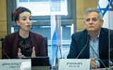 Yamina MK Idit Silman and Health Minister Nitzan Horowitz during a hearing of the Knesset's Labor, Welfare, and Health Committee in Jerusalem, on February 28, 2022. (Yonatan Sindel/Flash90)