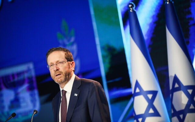 President Isaac Herzog speaks in Jerusalem, March 7, 2022. (Noam Revkin Fenton/Flash90)