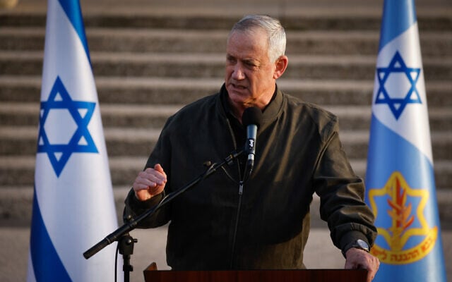Defense Minister Benny Gantz gives a statement to the press at IDF Central Command headquarters in Jerusalem, March 30, 2022. (Olivier Fitoussi/Flash90) Defense Minister Benny Gantz gives a statement to the press at IDF Central Command headquarters in Jerusalem, March 30, 2022. (Olivier Fitoussi/Flash90)