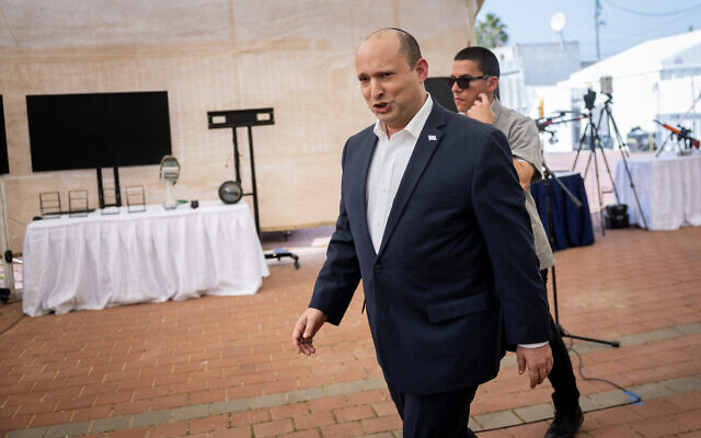 Prime Minister Naftali Bennett at a military base near the West Bank settlement of Beit El, April 5, 2022 (Yonatan Sindel/Flash90) Prime Minister Naftali Bennett at a military base near the West Bank settlement of Beit El, April 5, 2022 (Yonatan Sindel/Flash90)