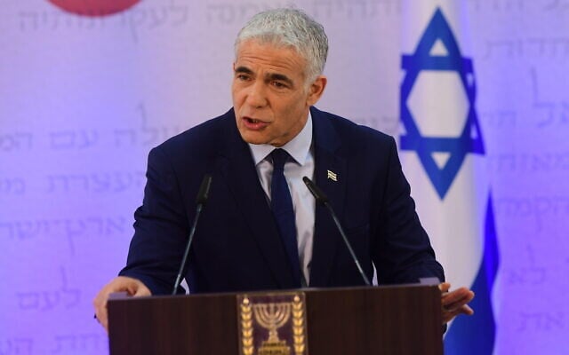 Foreign Minister Yair Lapid holds a press conference in Tel Aviv on April 14, 2022. (Avshalom Sassoni/Flash90) Foreign Minister Yair Lapid holds a press conference in Tel Aviv on April 14, 2022. (Avshalom Sassoni/Flash90)