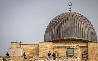 Palestinians flash victory signs beneath the dome of the Al-Aqsa Mosque, on the Temple Mount in Jerusalem's Old City, on April 17, 2022. (Yonatan Sindel/Flash90)