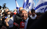 Itamar Ben Gvir speaks to the media at Safra Square in Jerusalem ahead of a right-wing march on April 20, 2022. (Yonatan Sindel/Flash90)