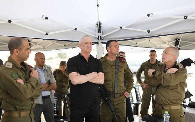 Then-Defense Minister Benny Gantz tours the West Bank security barrier, on April 12, 2022. (Elad Malka/Defense Ministry) Then-Defense Minister Benny Gantz tours the West Bank security barrier, on April 12, 2022. (Elad Malka/Defense Ministry)