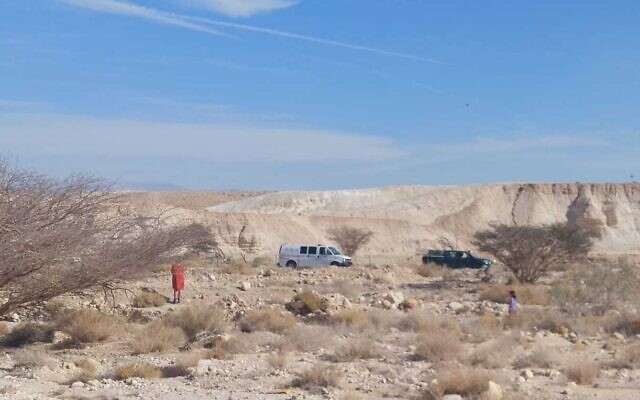 A minefield in southern Israel where two young girls -- one in red at left, and the other in blue at right -- accidentally entered on April 13, 2022. (Arava Rescue Services) A minefield in southern Israel where two young girls -- one in red at left, and the other in blue at right -- accidentally entered on April 13, 2022. (Arava Rescue Services)