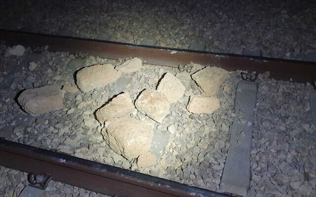 Stones placed on train tracks near Beersheba in January during mass Bedouin protests in the Negev. (Israel Police) Stones placed on train tracks near Beersheba in January during mass Bedouin protests in the Negev. (Israel Police)