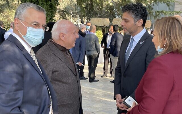 UAE Ambassador to Israel Mohammed Al-Khaja (right) speaks with Likud MK Avi Dichter at an Iftar meal hosted at the President's Residence on April 13, 2022. (Carrie Keller-Lynn) UAE Ambassador to Israel Mohammed Al-Khaja (right) speaks with Likud MK Avi Dichter at an Iftar meal hosted at the President's Residence on April 13, 2022. (Carrie Keller-Lynn)