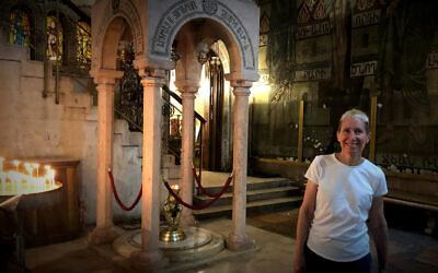 Prof. Jodi Magness in Jerusalem's Church of the Holy Sepulchre, on April 11, 2022. (Amanda Borschel-Dan/The Times of Israel)